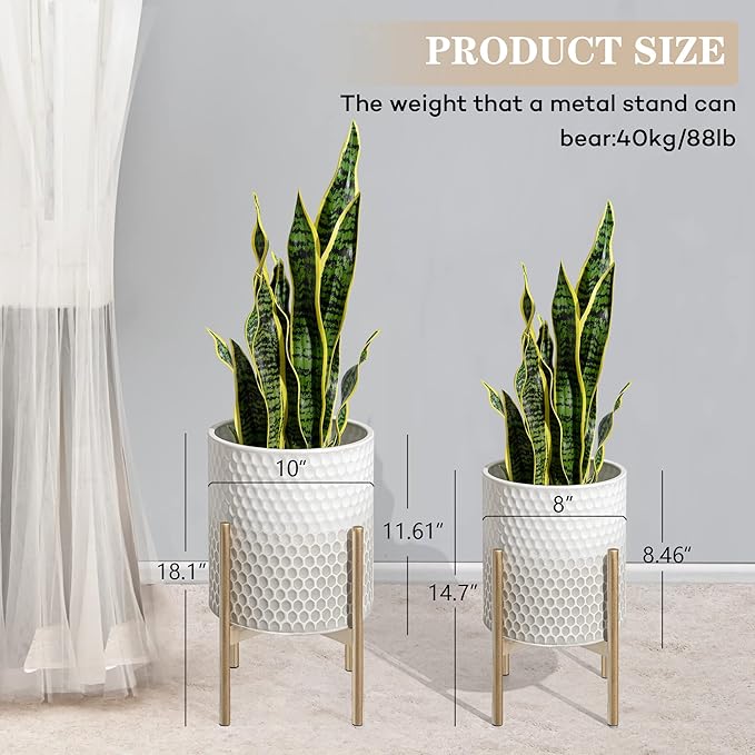 Oakrain Mid Century Planters for Indoor Plants, Set of 2, Modern Decorative Metal Planter Pots for Living Room, Office, Garden or Balcony, Gray and White Gradient Planter with Stand, 8"&10"
