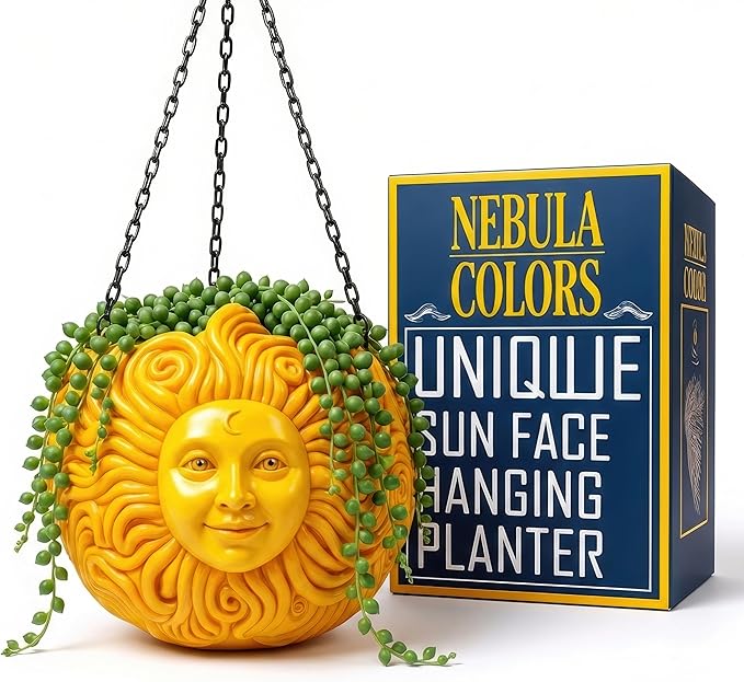 Nebula Colors Fun & Unique Sun Face Hanging Planter Quirky Celestial Decor for Plant Lovers – Indoor Outdoor Flower Basket for Succulents & Small Plants – Decorative Garden Yard Art