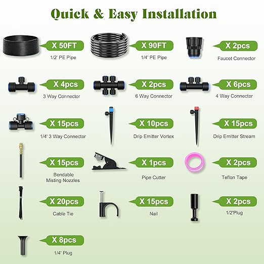 Drip Irrigation Kit for Garden, Automatic Watering System with Quick Connect Fittings, Adjustable Spray Nozzles, Water Saving Irrigation System for Yard, Greenhouse, Lawn & Potted Plants (140FT)