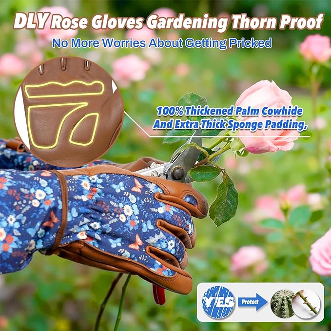 DLY Gardening Gloves for Women, Rose Gloves Thorn Proof, Long Garden Gloves for Women, Breathable Cowhide (Large, Brown)