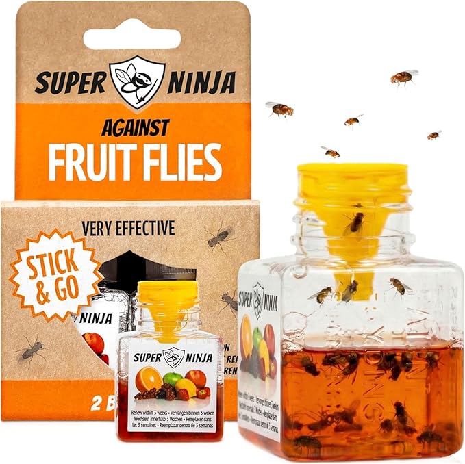 Super Ninja Fruit Fly Traps for Indoors - 2 Pack, Highly Effective Fruit Fly Catcher for Indoor Use for Home & Kitchen, Up to 3 Weeks of Performance per Bottle, Kid & Pet Friendly