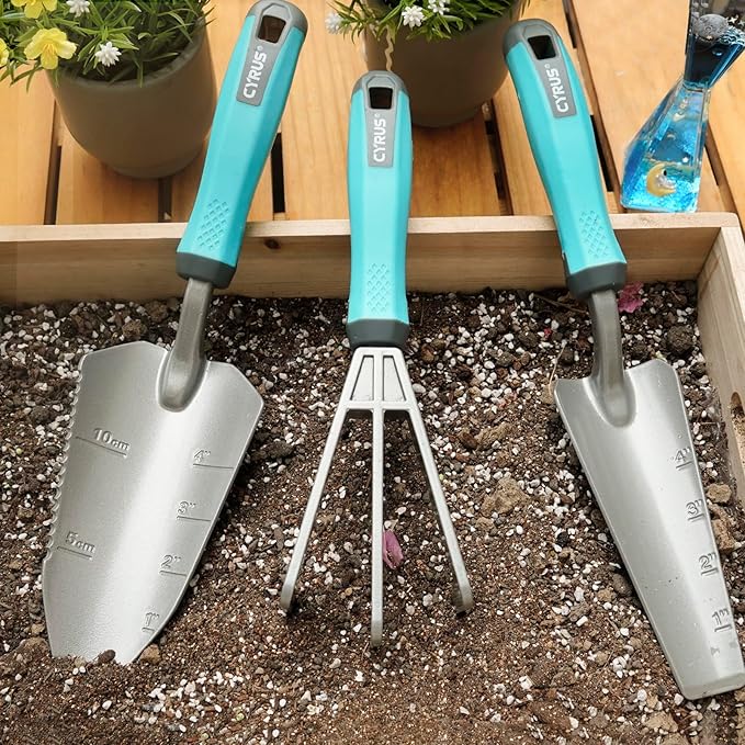 CYRUS Garden Shovel Tool Set,3 Piece Garden Shovel Aluminum Alloy, Garden Spade Set Included Hand Shovel, Transplanting Shovel and Hand Rake,Gardening Shovels for Planting