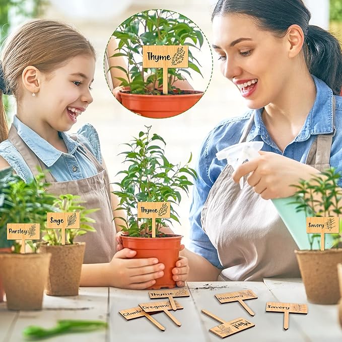 Bucherry 15 Pcs Garden Plant Label Signs, Wooden Herb Markers T Type with Printed Herb Name Waterproof Plant Marker Stakes for Indoor Outdoor Garden Seedlings Flowerpot Potted