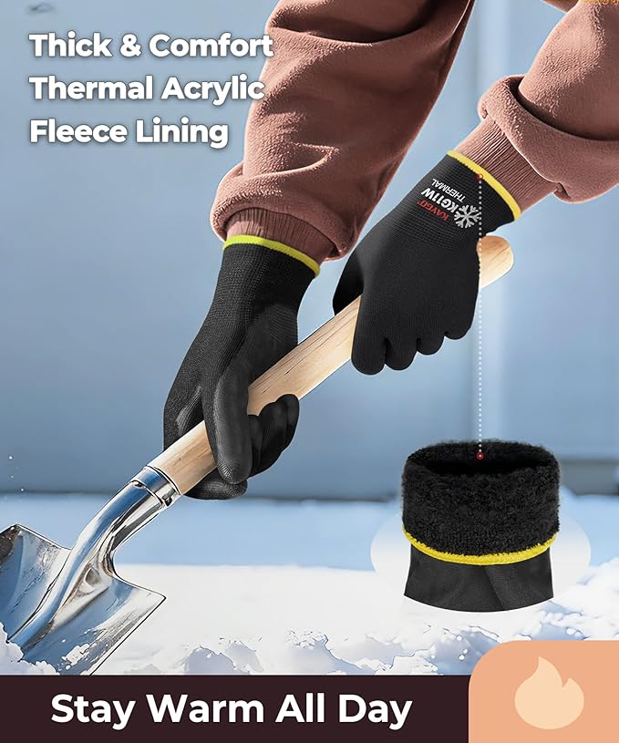KAYGO 12 Pairs Winter Work Gloves for Men and Women, Thermal Insulated Safety Work Gloves PU Coated, Super Grip,Ideal for Freezer Work,Black,S