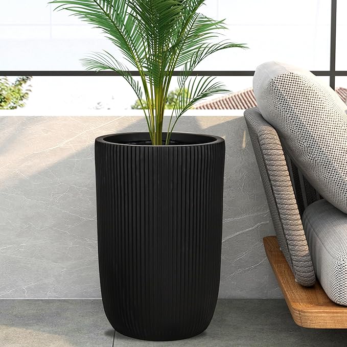 Oakrain 18" Tall Indoor Planter, Modern Decorative Pot with Drainage Hole, Large Minimalist Outdoor Planters for Home Decor, Garden, Living Room, Black