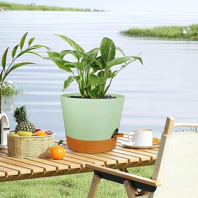 Meowell 12 inch Large Self Watering Pots for Indoor Outdoor Plants, Flower Plant Pots with Drainage Holes for Garden House Plants, Plastic Planters with Reservoir for Home, Green with Brown