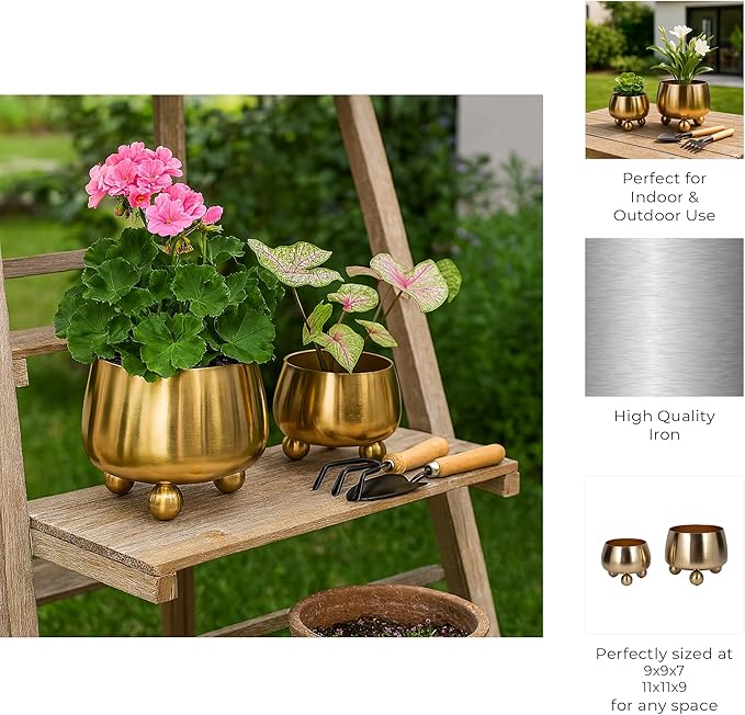 Flower Pots and Planters for Home Decor – Modern Plant Pots for Indoor and Outdoor Succulents, Herbs, and Ferns – Pots for Indoor Plant Stand Ideal for Garden, Patio, or Room Set of 2 – 9", 7" Gold