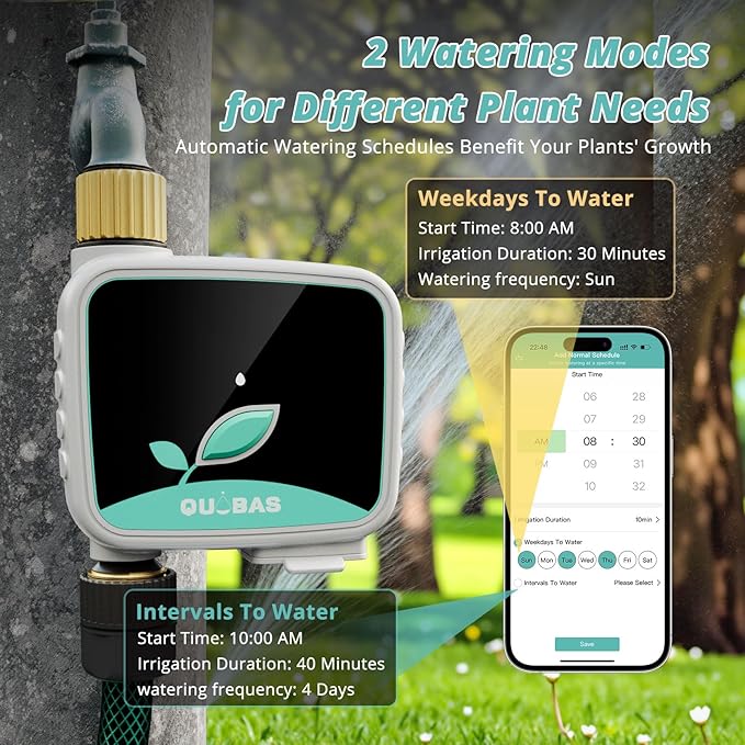 QUOBAS Smart WiFi Water Timer for Garden Hose, 1 Zone Brass Sprinkler Timer with App Control & Rain Delay/Auto/Manual 3 Modes for Drip Irrigation, Pool & Lawn, Battery Powered