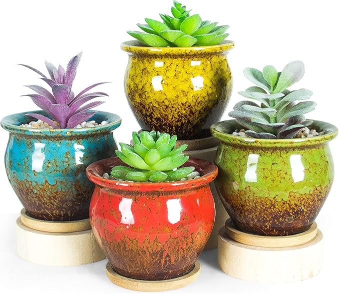 ARTKETTY Succulent Pots - 4 Pack Small Plant Pots with Drainage Tray, 4.5 Inch Ceramic Pots for Indoor Succulent Plants Colorful Cactus Flower Planters Birthday Gifts for Women