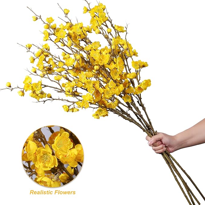 florisso 6 PCS Artificial Cherry Blossom Branches Spring Indoor Decoration, Faux Yellow Silk Flowers 34.45" Long Stems Real Touch Plum Fake Peach Plants for New Year Wedding Home Bedroom Table Office