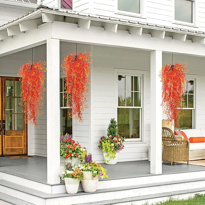 RECUTMS Fall Faux Hanging Plants 4 Pcs Artificial Fall Plants Large Faux Hanging Plant Autumn Fall Hanging Vines Wall Plants Thanksgiving Home Garden Wedding Party Indoor Outdoor Decor(Orange 4P)
