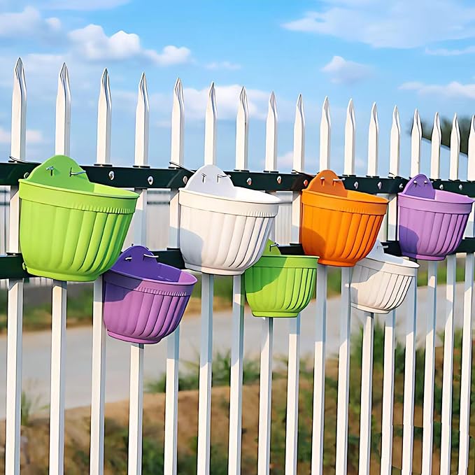 ORIMERC 8 Pack Colorful Wall Hanging Planters for Indoor Outdoor Plants, Wall Hanging Plant Holder with Drainage Hole, Balcony planters Railing Hanging Pot, Plant Wall Mount Decor with Hooks/Screws