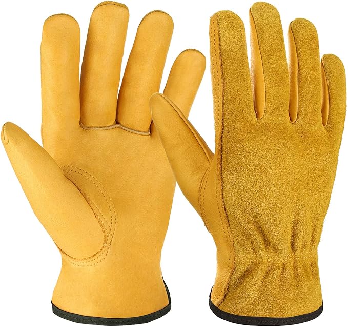 OZERO Leather Work Gloves for Men & Women, 1 Pair Genuine Cowhide Gardening Gloves, Lab Tested EN388 2143X, Flexible Grip, Breathable Unlined Comfort, Elastic Wrist (Gold,Medium)