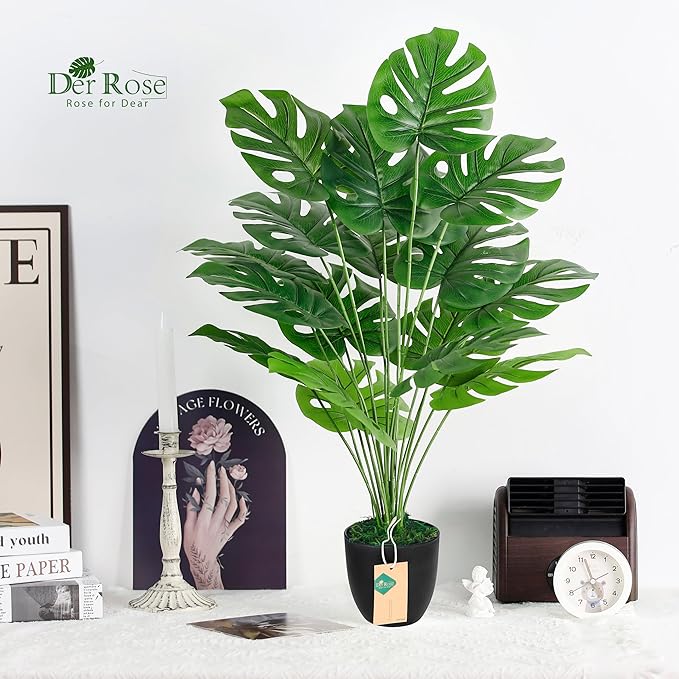 Der Rose Fake Plants 28'' Large Faux Plants Artificial Monstera Plants Indoor Tall in Black Pots for Home Office Bathroom Patio Floor Outdoor Decor