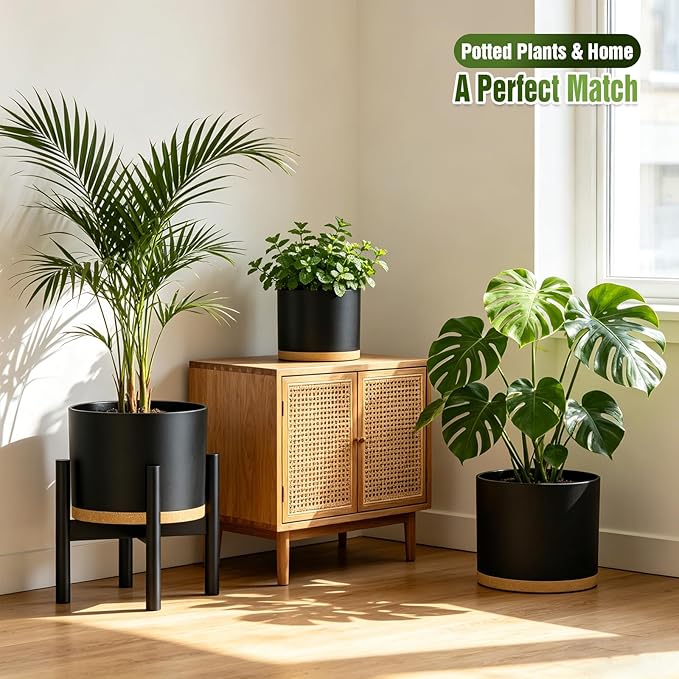 10/9/8 Inch Large Plant Pots with Drainage Holes and Trays, 3 Pack Modern Minimalist Cylinder Planters for Monstera, Snake Plant, Indoor Outdoor (Matte Black & Brown)