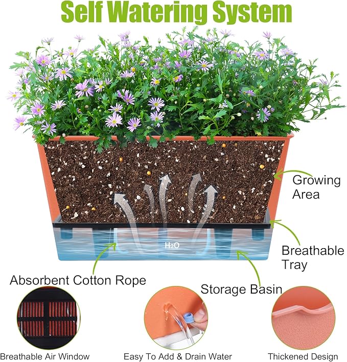 Oliz Window Box Planter 6 Pcs, 12.6 Inches Self Watering Rectangle Flower Plant Pots with Drainage Holes & Breathable Trays, Vegetable Planters for Windowsill Patio Garden Balcony Porch Yard (Orange)