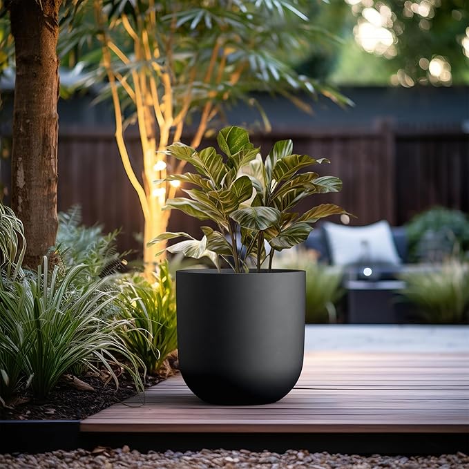 Kante 16.5" Round Concrete Planter, Large Cylinder Plant Pot with Curved Bottom and Drainage Hole, for Indoor and Outdoor Use – Garden or Patio, Black Finish with Painted Interior