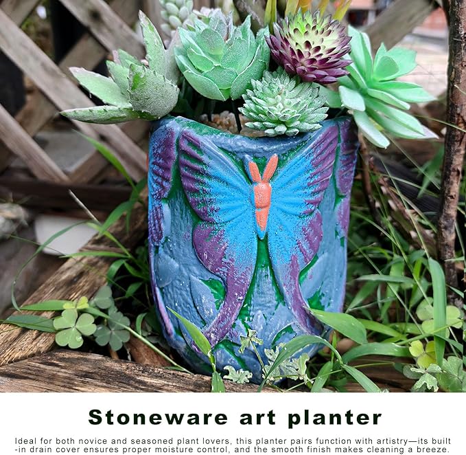 Ceramic Flowerpot– Oval Thick Rough Dark Green Flower Pot with Perforated Drainage Cover, Butterfly Decorative Indoor Outdoor Plant Container