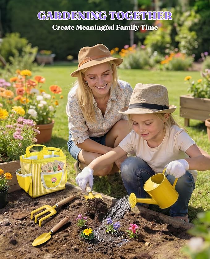 8Pcs Kids Gardening Set with Metal Basket & Real Metal Tools, STEM Outdoor Kit, Ergonomic Wooden Handles, 3 Shovels, Rake, Watering Can, Gloves, Tote Bag, Gift for Toddler Boys Girls, Yellow