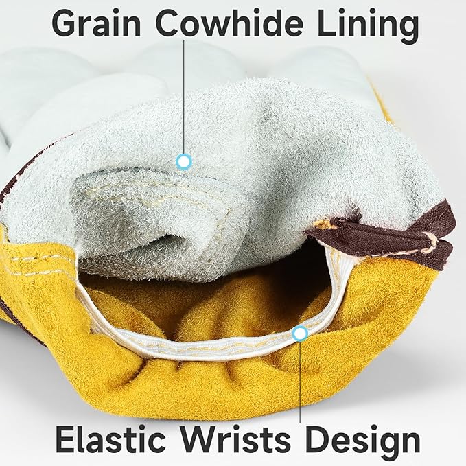 OZERO Leather Work Gloves for Men & Women, 3 Pairs Genuine Cowhide Garden Gloves, Lab Tested EN388 2143X, Flexible Grip, Breathable Unlined Comfort, Elastic Wrist (Gold/Light Cyan, Large)
