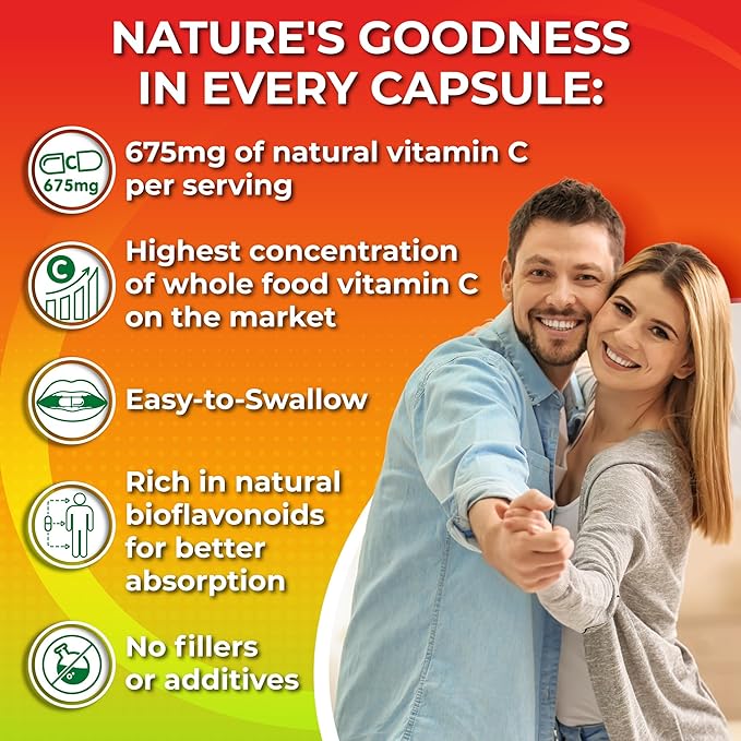 Whole Food Vitamin C Complex - 1450mg Organic Berries - 675 mg Vitamin C per Serving, High-Potency Antioxidant & Immune Support with Acerola, Amla and Natural Bioflavonoids - Vegan, Non-GMO, 120 Count