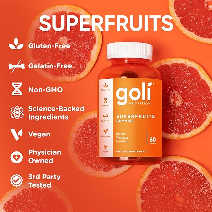 Goli Nutritional Supplement, SuperFruits Beauty Gummy Vitamin - 60 Count - Collagen-Promoting Ingredients - Mixed Fruit, Vegan, Plant-Based, Non-GMO, Gluten-Free & Gelatin Free