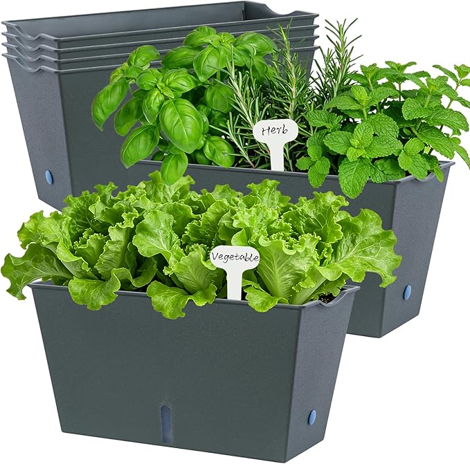 Window Box Planter 6 Pcs, 12.6 Inches Self Watering Rectangle Flower Plant Pots with Drainage Holes & Breathable Trays, Vegetable Planters for Windowsill Patio Garden Balcony Porch Yard (Dark Green)