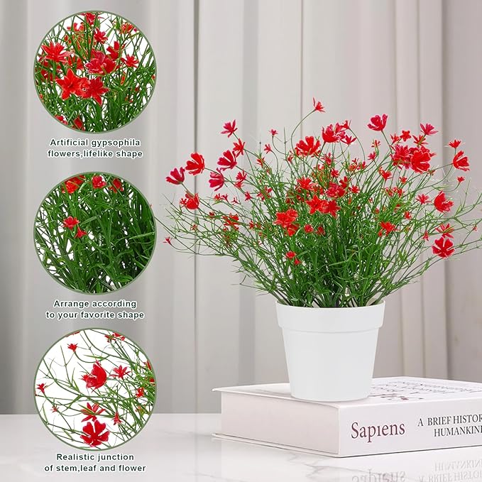 Artificial Babys Breath Potted Fake Plants with Flowers Faux Plants Indoor for Home Office Bookshelf Table Room Decor (Red)