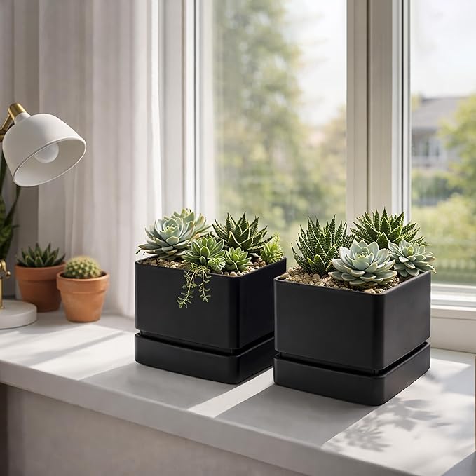 D'vine Dev 6 Inch Herb Planter Pot, Plastic Planter with Drainage Holes and Saucer, Modern Decorative Gardening Pot for Indoor Plants, Flowers, Herbs, Succulents, Black, Set of 4, 76-Y-B4-2
