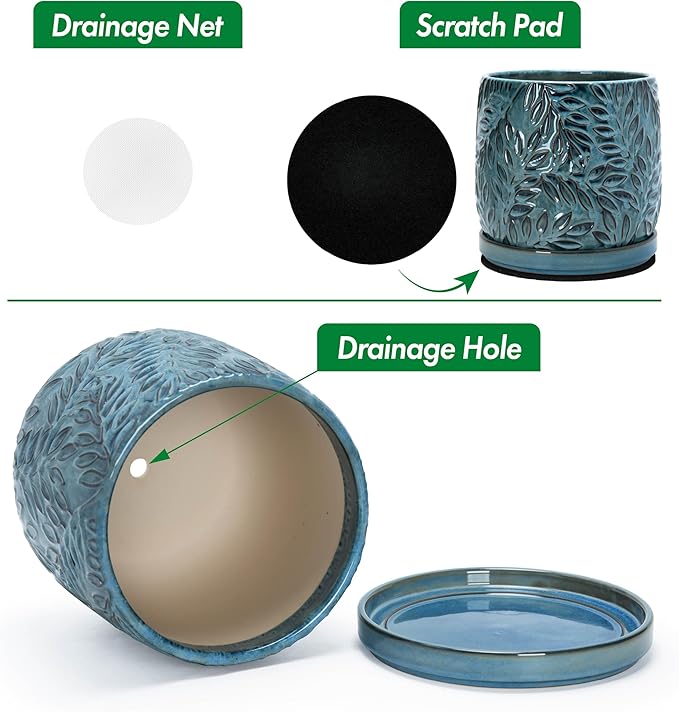 D'vine Dev 8 Inch Embossed Leaves Stoneware Planter Pot with Drainage Hole and Saucer, Ocean Teal, 27-A-Q-8