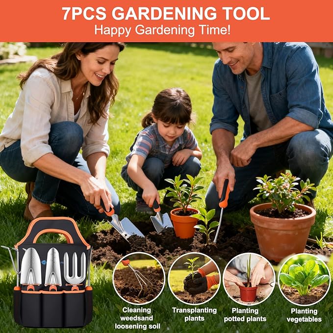 Yesker Gardening Tools 7-Piece Heavy Duty Garden Tool Set Gardening Supplies Gifts for Women Men Gardening Hand Tool Kit with Non-Slip Ergonomic Handle, Garden Bag, Pruning Shears, Black Orange
