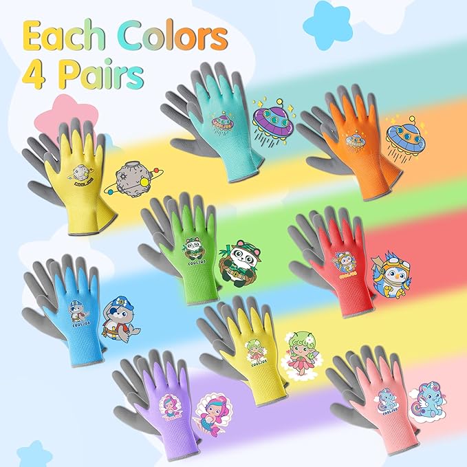 COOLJOB 36 Pairs Kids Gardening Gloves for Little Kid Age 3-5, Toddler Boys Girls Grippy Rubber Coated Children Work Gloves, Assorted Colors, Small