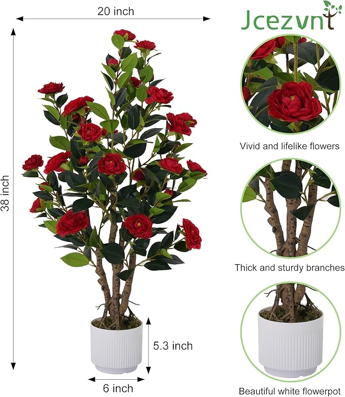 2 Pack Artificial Camellia Tree with White Pot, 38" Faux Potted Plants for Indoor Outdoor Decor, Tall Silk Greenery Plant for Home Offce Living Room Balcony,White, Red