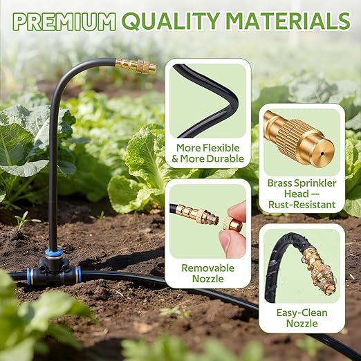 HIRALIY 360° Adjustable Drip Irrigation System 100FT with Timer, 1/4" Tubing and Adjustable Copper Nozzles, Automatic Atomizing Watering Kit for Garden, Yard, Lawn, Greenhouse & Potted Plants