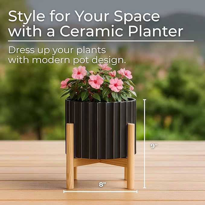 Ceramic Planter with Pine Wood Stand – Plant Pot – Durable Stoneware Planter for Indoor Outdoor Use – Modern Minimalist Plant Holder for Home Decor, Living Room, Garden, Balcony – 9", Black Fluted
