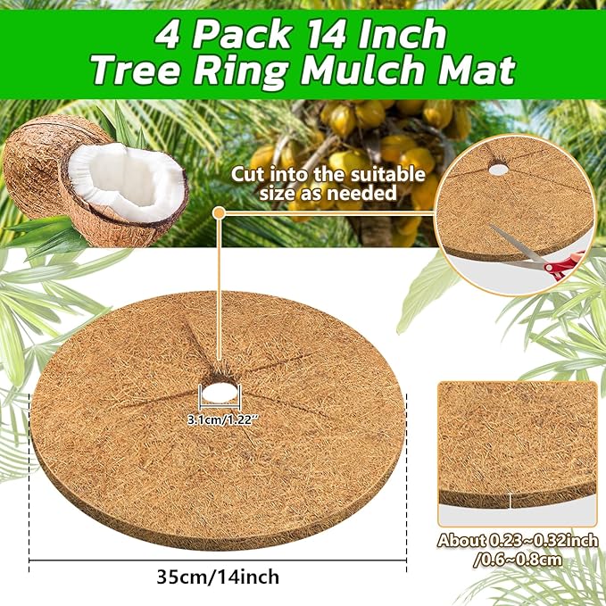 Legigo 4pcs Coconut Fiber Mulch Ring Tree Plant Protector Mat, 14 Inch Natural Coco Coir Tree Mulch Ring Plant Pot Soil Cover, Tree Rings Disc Plant Cover for Indoor Outdoor Plants, Landscaping