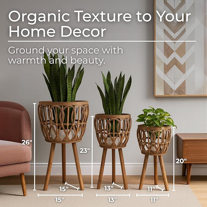 Handcrafted Bamboo Planters with Wooden Legs as Home Decor - Timeless Flower Pots for Entryway and Garden - Patterned Plant Pots for Outdoor and Indoor Plants - Set of 3, 26", 23", 20", Brown
