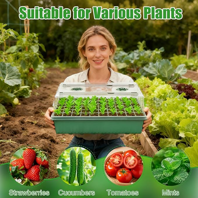 PJT Self Watering Seed Starter Tray with Grow Light & Heat Mat, 60-Cell Seed Starting Kit with 4.3” Humidity Dome for Seed Germination, Complete All-in-One Kit for Easy Seed Starting