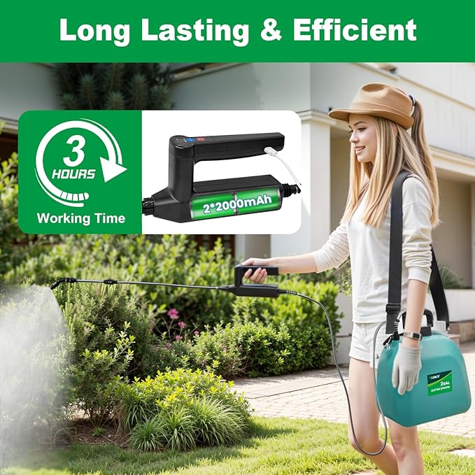 Battery Powered Sprayer 2 Gallon, 2026 Upgrade Electric Sprayer with 3 Adjustable Speed, Battery Indicator, 4 Mist Nozzles, Rechargeable Retractable Wand with Adjustable Shoulder Strap for Lawn Garden