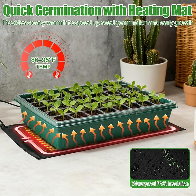 PJT Self Watering Seed Starter Tray with Grow Light & Heat Mat, 60-Cell Seed Starting Kit with 4.3” Humidity Dome for Seed Germination, Complete All-in-One Kit for Easy Seed Starting