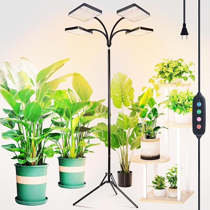 2026 4Head Grow Light with Upgrade Stand, Big Coverage Grow Lights for Indoor Large Plant, Bonsai Tree, 4/8/12/16/20H Timer, 100 Watt Power Draw, NO Need Adapter, 24"-76" Height Adjustable