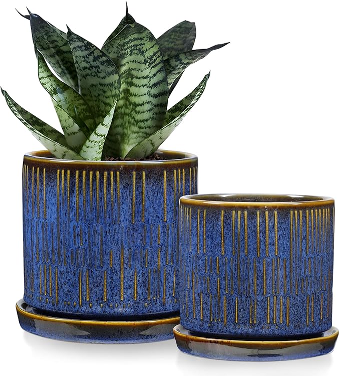 GnFlus Ceramic Plant Pots with Drainage Holes, Set of 2, 4.3+5.1 Inch Stripe Garden Planter Pots for Outdoor Indoor Plants Flower, Round Succulent Orchid Flower Pot Blue