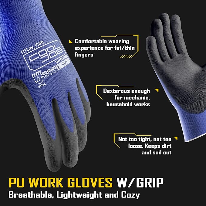 COOLJOB 12/60 Pairs Safety Work Gloves Pack Bulk with Grip PU Coating, 13 Gauge Seamless Knit Gloves with Polyurethane Dipped for Warehouse Working, Breathable Lightweight for Men Women, Blue Medium