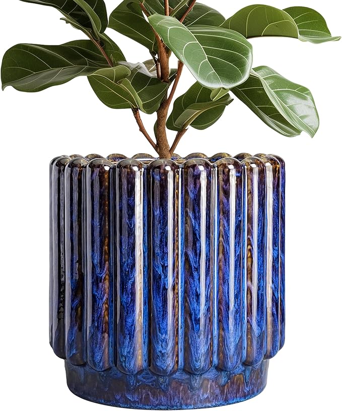 Ceramicfor 12 Inch Pots for Plants - Ceramic Planter Indoor Outdoor, Large Ceramic Flower Pots with Drainage Hole, Fluted Modern Round Planter, Living Room Home Decor, Gifts for Plant Lovers, Blue