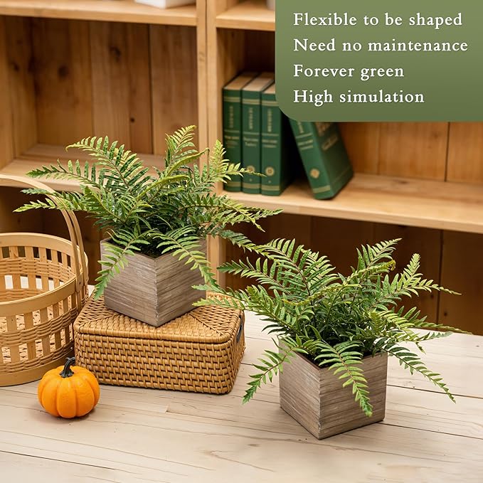 2 Pack Medium Fake Fern Plants with 4 Inch Wooden Planters, 9" Inch Tall Indoor Artificial Fern Plants for Shelves, Desktop, Bedroom, Office Decor