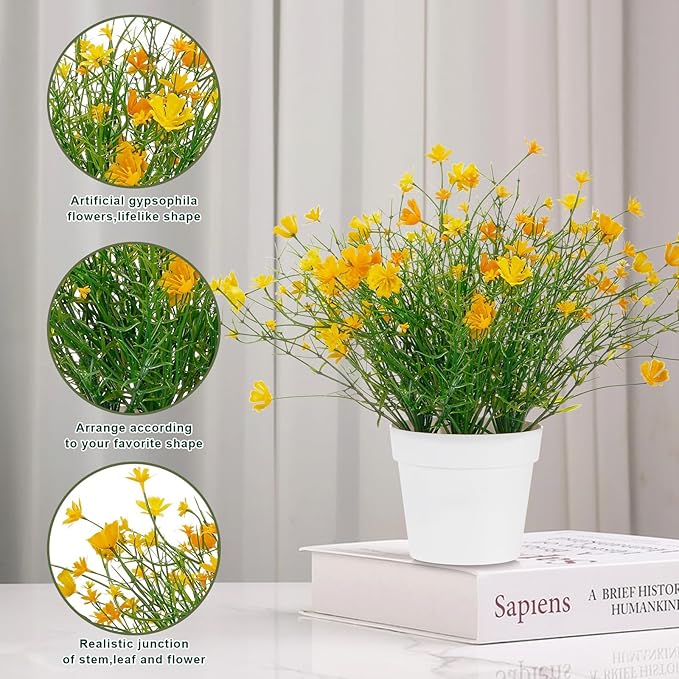 Babys Breath Potted Fake Plants with Flowers Faux Plants Indoor for Home Office Bookshelf Table Farmhouse Room Decor, Yellow (Pack of 2)