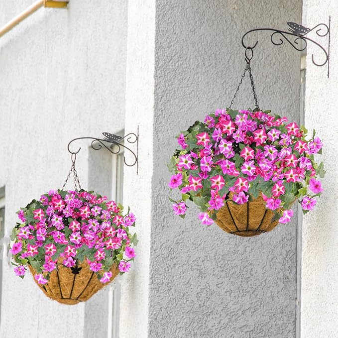 Alotiki Artificial Fake Flowers for Outdoor Plants Decoration,2 Pcs Faux Petunias Flowers Plants UV Resistant Silk for Porch Yard Garden Home Indoor Decor(Purple Red)