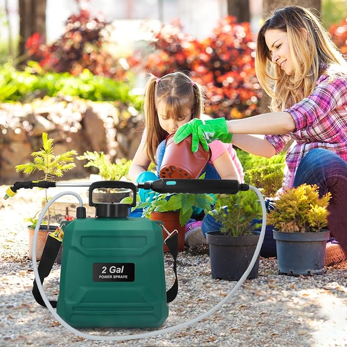 Battery Powered Sprayer 2 Gallon, Powerful Electric Garden Sprayer with 3 Mist Nozzles, USB Rechargeable Handle, Retractable Wand and Adjustable Shoulder Strap for Irrigation, Weeding(Green)