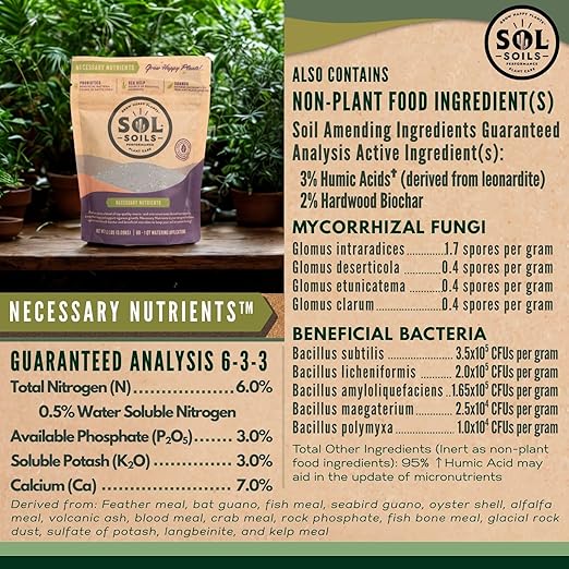 Sol Soils Necessary Nutrients Fertilizer - Biochar, Humic Acids, Mycorrhizal Fungi, Bacillus, 4oz