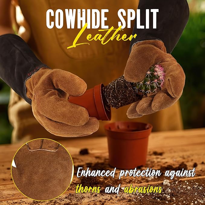 HANDLANDY Leather Gardening Gloves for Men & Women, Rose Pruning Thorn Proof Garden Glove, Long Sleeve Gauntlet Gloves (Caramel Brown, Medium)